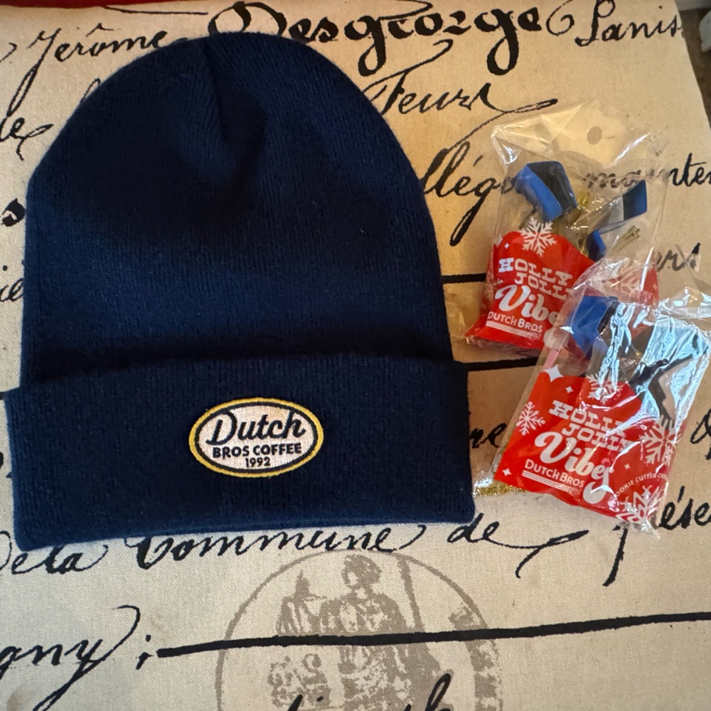 Dutch Bros. Navy Blue Beanie & 2 Holly Jolly Vibes Cookie Cutter Ornaments NEW